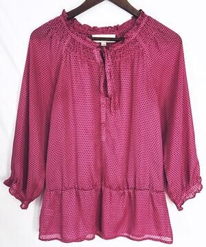 Ann Taylor LOFT Small Sheer Pink Black Polka Dot Long Sleeve Drawstring Neck Top